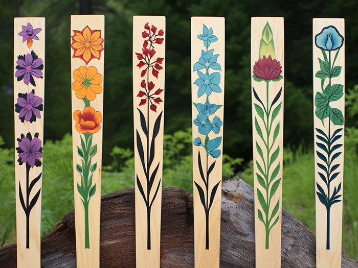 Painted wood plant labels.